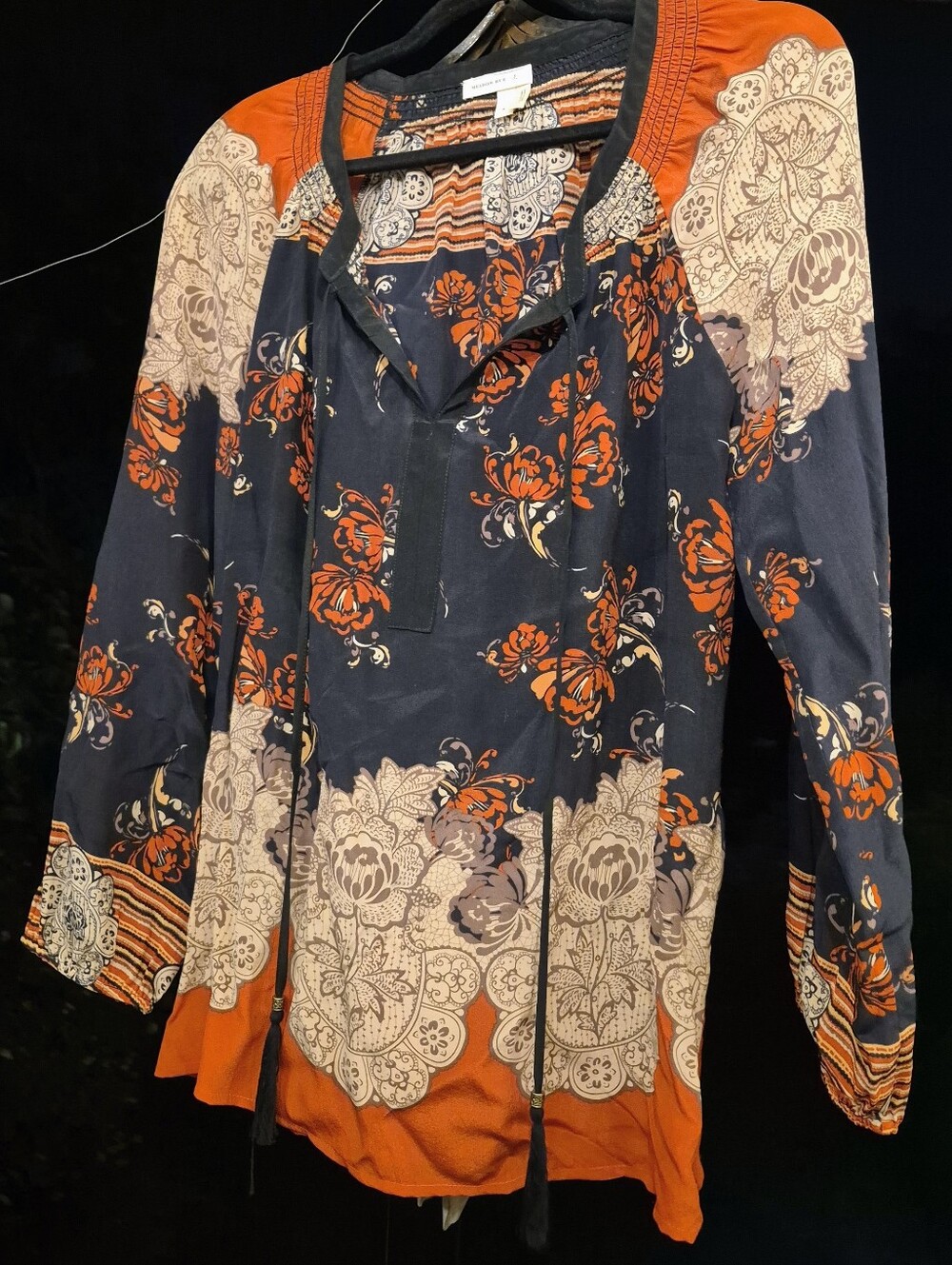 MEADOW RUE ❤️ ANTHROPOLOGIE 🌷 SILK BOHO LS Tie Tassel Tunic 🌷 Sz S